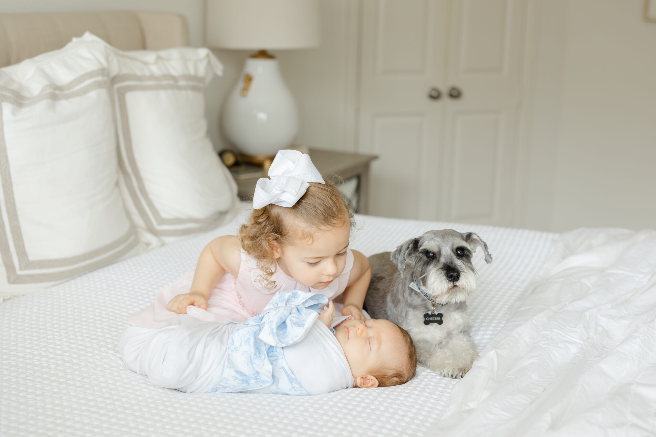 Dallas in-home newborn session with baby boy, toddler sister, and family dog